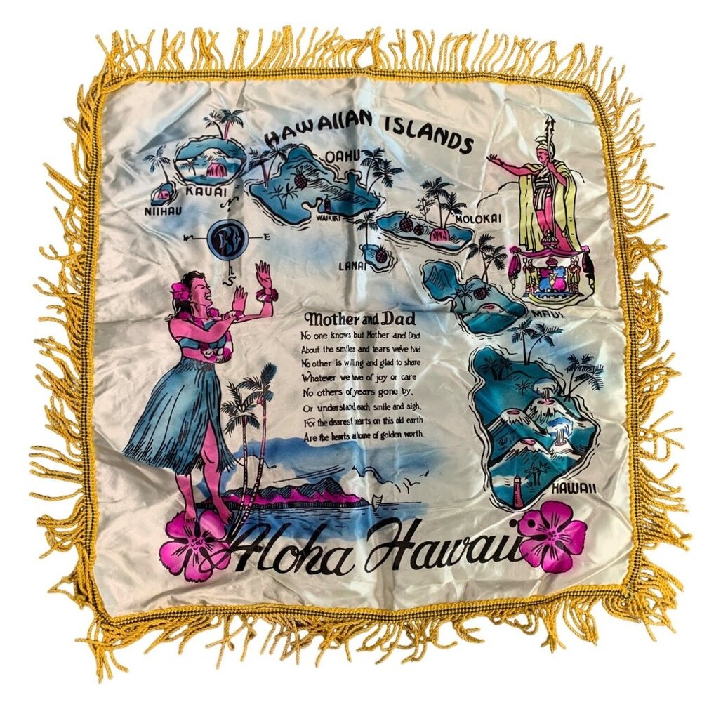 Vintage Hawaiian Islands Souvenir Pillow Cover w/ Fringe